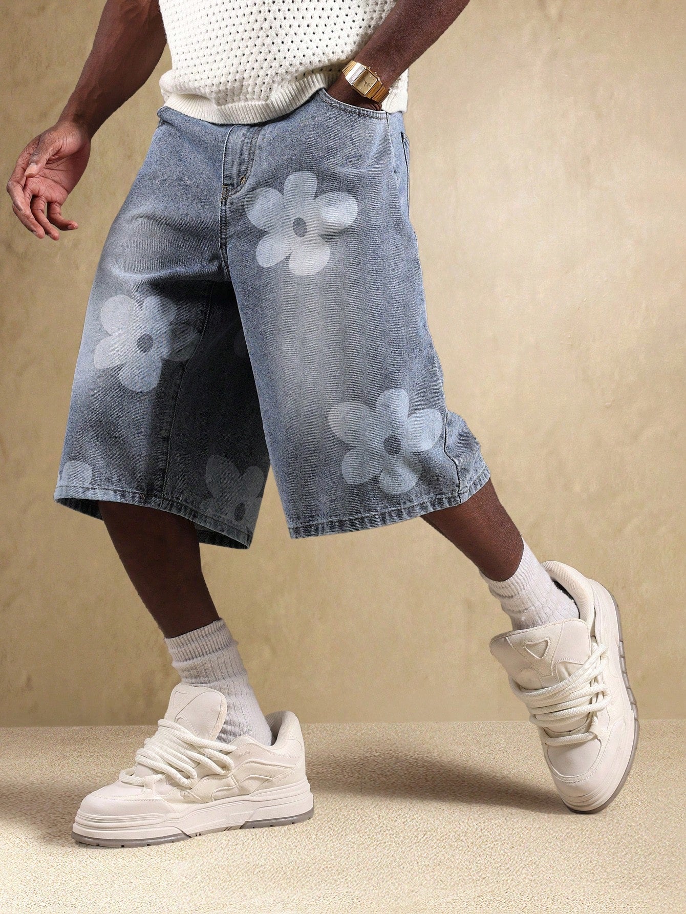 Denim Shorts with Flowers in Light Grey