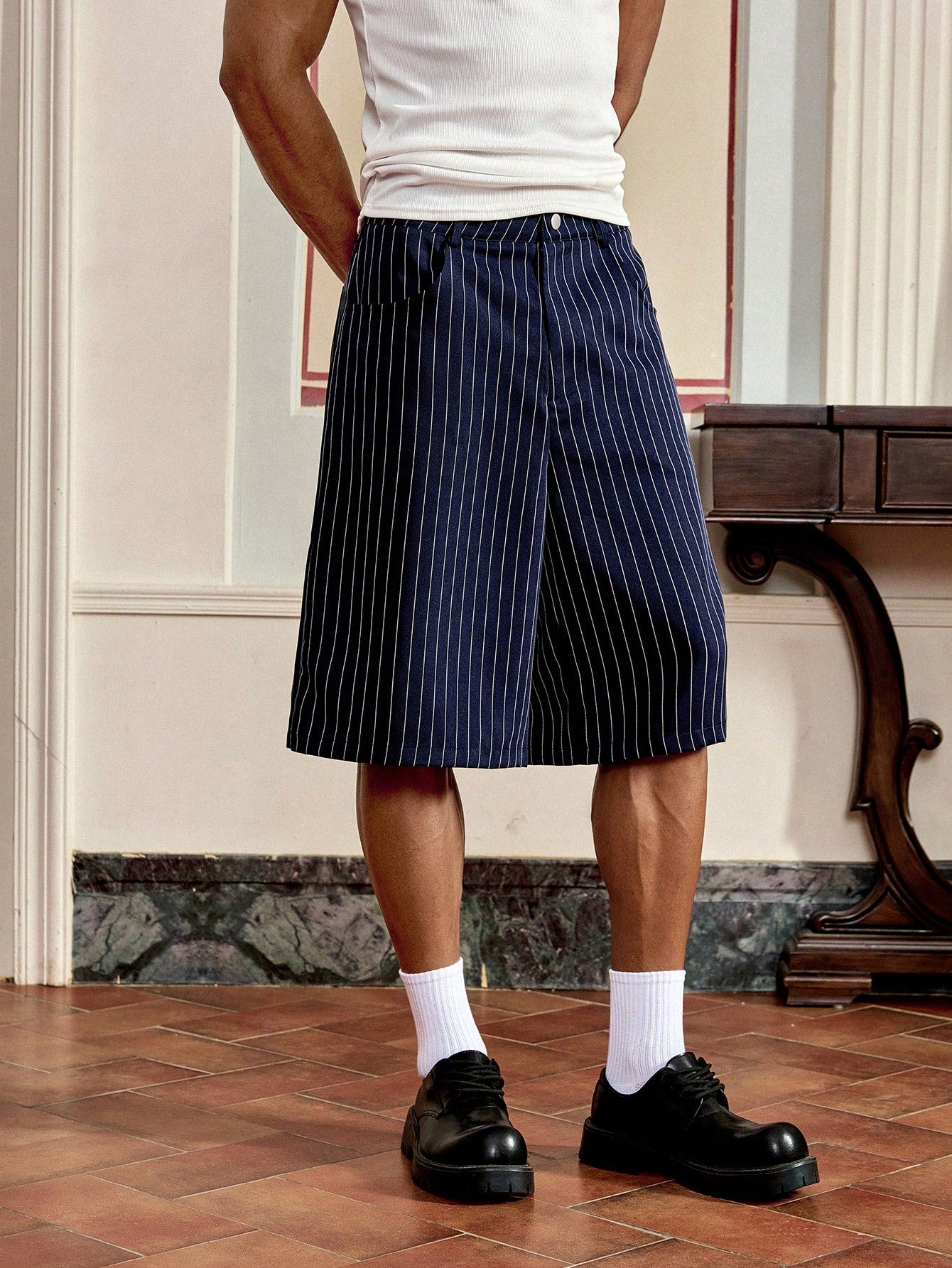 Cotton Shorts in Dark Blue with Stripes